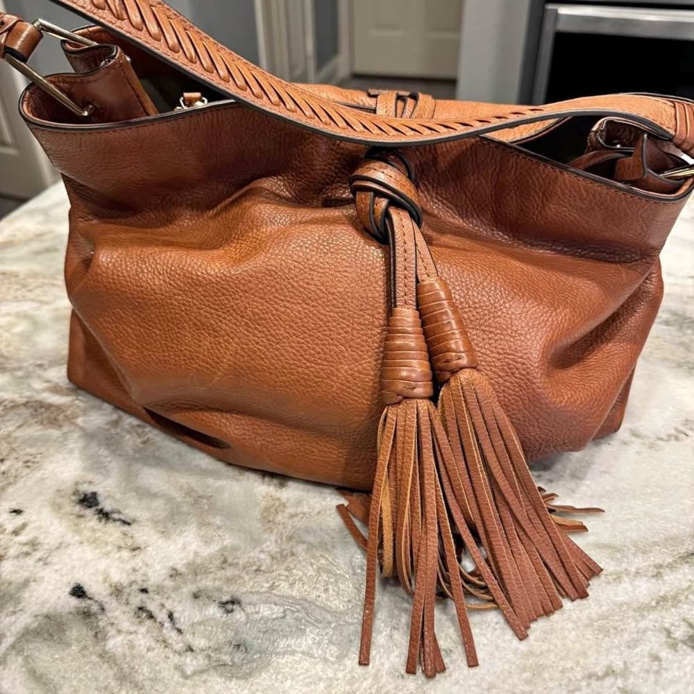 Vince Camuto Brown Hobo Bag with Slouchy Shape and Tassel Detail